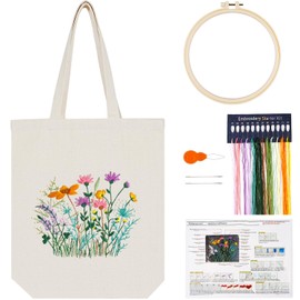 Canvas Tote Bag Embroidery Kit for Beginners Adults, Floral Cross Stitch Kits with Pattern, DIY Canvas Bag Include Threader Embroidery Hoop Threads Instructions