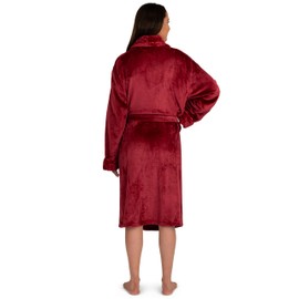 PAVILIA Soft Plush Women Fleece Robe, Burgundy Wine Red Cozy Bathrobe, Female Long Spa Robe, Warm Housecoat, Satin Waffle Trim, S/M