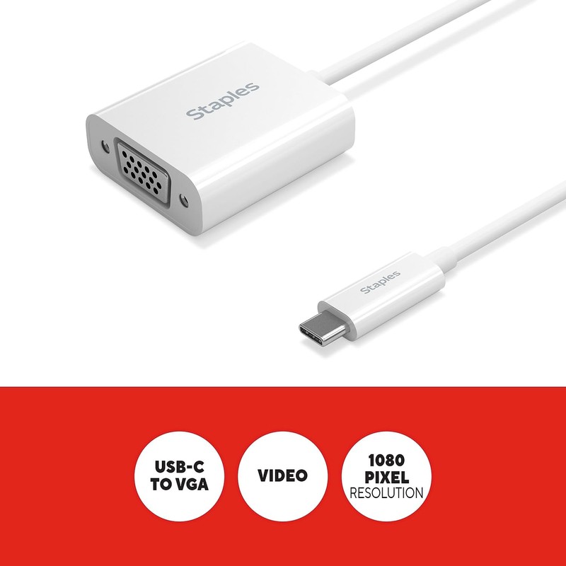 Staples TECH USB-C to VGA Audio/Video Adapter, Male to Female,