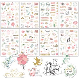 8 Sheets German Wedding Stickers(230 PCS) Pink Love & Bridal Scrapbook Stickers with Eucalyptus Floral, Gold Foil Style Designs for Wedding Guest Book, Scrapbooking, Bridal Journaling & Planner Decor