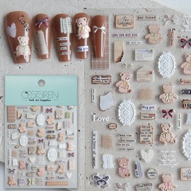 CESTSIREN Vintage Cute Bear Nail Art Stickers, Embossed Nail Decals, for Nail Art Design, Self-Adhesive, Nail Accessories for Women, Nail Art Supplies
