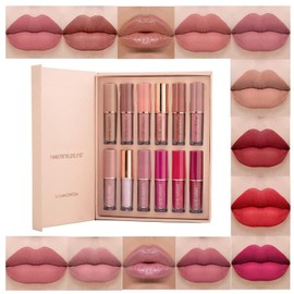 12pcs Mate Lápiz Labial Líquido Set de Maquillaje Aterciopelado de Larga Duración de Alta Pigmentación Desnuda a Prueba de Agua Kit de Brillo de Labios Niñas Mujeres Maquillaje Set de Regalo