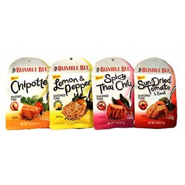 BUMBLE BEE Seasoned Tuna VARIETY 4 Pack + FREE Ritz Mini Crackers. Contains: 1 Pouch each of SUN DRIED TOMATO & BASIL, SPICY THAI CHILI, LEMON & PEPPER, CHIPOTLE (2.5 oz each). Ready to Enjoy!