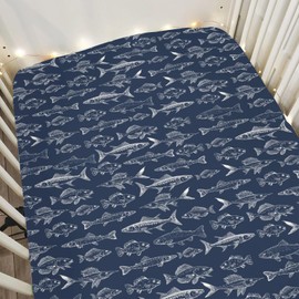 Navy Freshwater Fish Baby Crib Sheets for Boy Girl 52x28Inch Bass Carp Trout Salmon Lake Soft Snug Fitted Crib Mattress Cover Fishing Lover Gift Nursery Baby Sheet for Crib and Toddler Bed Mattresses