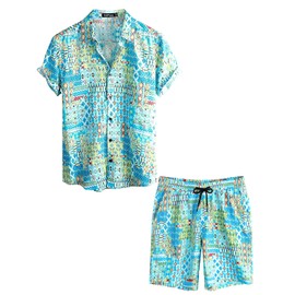 Vatpave Men's Hawaiian Floral Print Short Sleeve Button Down Shirts, sky blue