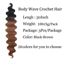 30 Inch Body Wave Crochet Hair 3 Packs Synthetic Curly Braiding Hair Ocean Wave Twist Crochet Braids French Curl Crochet Braids Wavy Braiding Hair Extensions(30",Black-Brown)