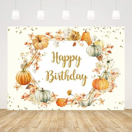 ABLIN 7x5ft Happy Birthday Backdrop Autumn Pumpkin Flowers Golden Dots Photography Background Harvest Fall Pumpkin Theme Birthday Party Decorations Banner Photo Booth Props