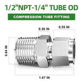TAISHER 2PCS 304 Stainless Steel Compression Tube Pipe Fitting Connector, 1/4" Tube OD x 1/2" NPT Male Straight Adapter