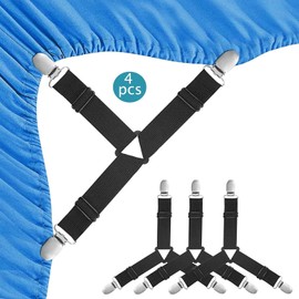 4 Piezas Sujetadores para Sábanas, Ligas Elásticas de Triángulo, Sujetadores de Sábana de Cama, Ajustables Elásticos Correas Cama Clips para Sábana Bajera Fundas de Colchón Sofá (Negro)