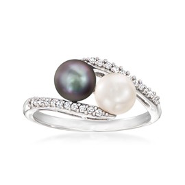 Ross-Simons 6-6.5mm Black and White Cultured Button Pearl and .13 ct. t.w. Diamond Bypass Ring in Sterling Silver. Size 6