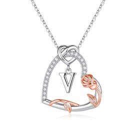 Yesteel Rose Heart Initial Necklaces for Women Teen Girls, Dainty Love Letter Pendant Initial V Necklace Jewelry 70th Birthday Gifts for Women 80th Birthday Gifts for Women