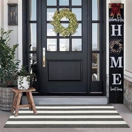USTIDE Black and White Striped Outdoor Rug 35.4'' x 59'' Front Porch Door Mat Hand-Woven Machine Washable Indoor/Outdoor Layered Door Mats for Entryway/Bedroom/Kitchen