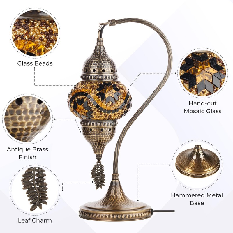 DEMMEX Turkish Moroccan Table Lamp, Swan Neck Tiffany Style Mosaic