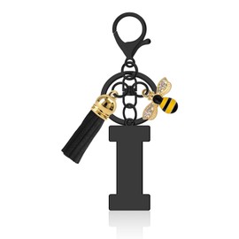 Letter Keyring A-Z Alphabet Initial Keychains with Cute Bee Tassel Pendants Initial Letter Keychain for Women Stainless Steel Letter Initials Charms for Purse Handbags Car Key Backpack Keyring(I)