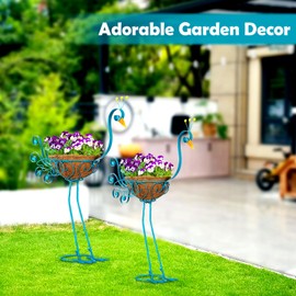 SUNREEK Set of 2 Blue Peacock Planters with Basket, Metal Peacock Planter for Indoor Outdoor Garden Yard Patio Porch Decor