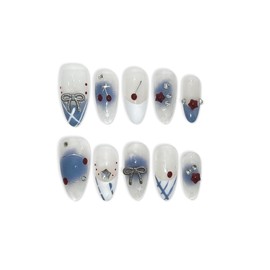 TENPAL Press on Nails 10Pcs with Full Kit - Medium Almond Light Blue White French Fake Nails with Cherry, 3D Charms Bow Rhinestone Summer Nails, Sweet Girls False Nails Cute Design Glue on Nails(M)