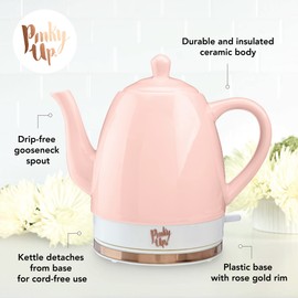 Pinky Up Noelle 1.5 L Pink Electric Ceramic Kettle with Gooseneck, Cute Water Boiler for Hot Teas and Pour Over Coffee, Blush with Rose Gold