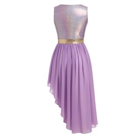 AFAVOM Women Metallic Sequin Praise Dance Dress Asymmetric Ruffle Chiffon Overlay Dress Sleeveless Irregular Hem Liturgical Lyrical Dance Dress Worship Dancewear Costume Purple XL