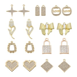 KISSITTY 18pcs Light Gold Crystal Rhinestone Pendants Flower Heart Lock Bowknot Star Love Charms for Women Necklaces Bracelets Earrings Jewelry Making, Rhinestone, No Gemstone