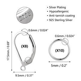 925 Sterling Silver French Earring Hooks 10x16mm, 18Pcs Sterling Silver Jump Rings Leverback Ear Hooks Replacements 925 Sterling Silver Findings Dangle Hoop Earrings Making Jewelry Supplies Set