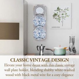 MyGift Wall Plate Holders, Wall Mounted Shabby White Washed Solid Wood and Black Metal Wire Plate Display Holder, Holds 8 inch Plates