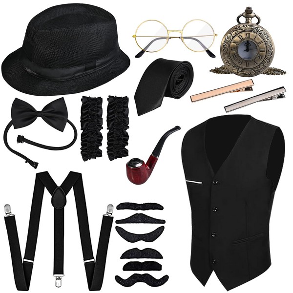 GOLDGE Men's 20s Costume, Peaky Blinders Costume, Mafia Costume Men, 1920s Men's Outfit, 20s Accessories with Braces, Pocket Watch, Vest, Bow Tie, Panama Hat for Gatsby Men (13 Pieces)