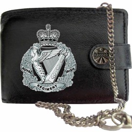 Klassek The Royal Irish Regiment Image Men Chain Wallet Real Leather Cap Badge Emblem Military Crest Insignia RFID Blocking with Coin Pocket and Metal Gift Box