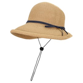 Urina Women's Straw Hat, UV Protection, Heatstroke Protection, Ribbon Included, Chin Strap, Soft, For Walks, Travel, Khaki, 57.0 cm