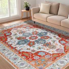 WILLSUN Washable Area Rugs, 5x7 Non-Slip Boho Large Area Rugs for Living Room, Bedroom, Machine Washable Vintage Rug, Indoor Floral Print Carpet for Home Decor, Kid & Pet Friendly Mat