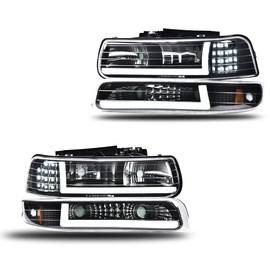 G-PLUS LED DRL Headlights, Compatible with 1999-2002 Chevy Silverado 1500 2500/2001-2002 Silverado 1500HD 2500HD 3500, Driver Side & Passenger Side, Clear lens Black Housing Amber Reflector