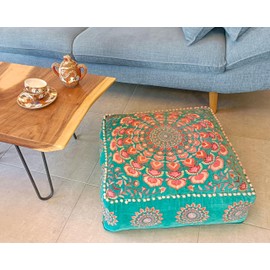 Mandala Life ART Turquoise Velvet Pouf Cover - Soft Sqare Floor Pillow - Embroidered Ottoman Slipcovern, 24x24x8 Inches, Ideal for Living Room, Bedroom, or Meditation Space - Cushion