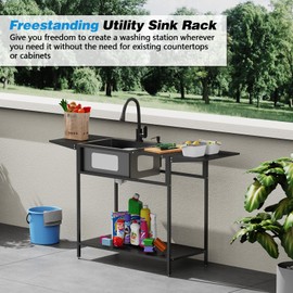 Freestanding Utility 22x16In Sink Stand - Metal Black Stand With Foldable Panel To Expand Working Area Suitable For Various Drop-in New/Unused Sinks Ideal For Indoor & Outdoor Use (Sink Not Included)