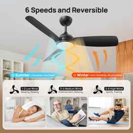 Consciot Low Profile Ceiling Fan With Light and Remote, 44 inch Modern Ceiling Fan, Downrod Mount, Reversible Quiet DC Motor, 6 Speed, 3 Color & Dimmable, 1500LM, Black
