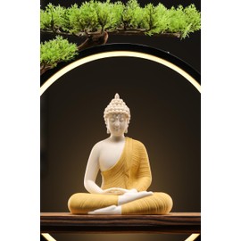 Houlu Yellow Buddha Statue with Green Artificial Tree and LED Circle Table Lamp, Indoor Ceramic Buddha Statues for Home Decor, 16.5 in