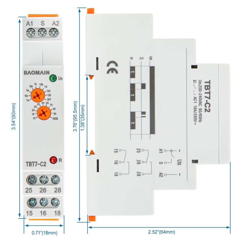 Baomain Multi-Function Time Relay, 16A/AC250V, Delay Off 2 SPDT, DIN