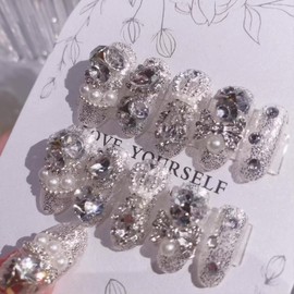 SINHOT Luxury Press on Nails - Medium Almond Fake Nails 3D Handmade Glitter & Bowknots Reusable False Nails with Rhinestone Designs,DIY Artificial Nail Art, 24pcs