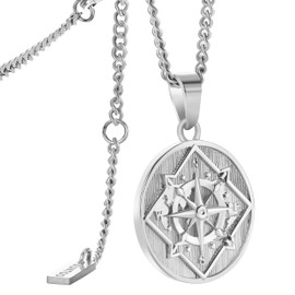 murtoo Necklace for Men, Stainless Steel Mens Necklace with Compass, Apple Shield Coin Pendant Necklace, Gift Idea for Men Women, 2" Adjustable Curb Chain (Silver-circular, Inches, 20.00)