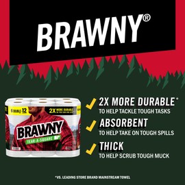 Brawny Tear-A-Square Paper Towels, 12 Family Rolls = 30 Regular Rolls, 2X More Durable*, 3 Sheet Sizes, Strong and absorbent extra-large roll