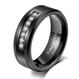 KAMASATO 8mm Mens Women Cubic Zirconia Tungsten Wedding Band High Polish Black Wedding Rings Comfort Fit Size 7