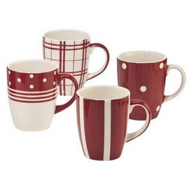 Euro Ceramica Kitchen Mugs, Set of 4 Assorted Patterns, Red