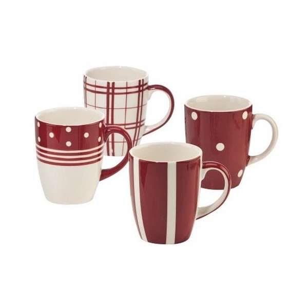 Euro Ceramica Kitchen Mugs, Set of 4 Assorted Patterns, Red