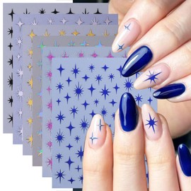 6 Sheets Star Nail Stickers for Nail Art Black Silver Gold Nail Art Stickers Blue Holographic Laser Stars Nail Decals 3D Self-Adhesive Glitter Purple Nail Supplies Celestial Nails Decoration for Women