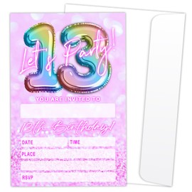 Let's Party 13th Birthday Party Invitation Cards for Boys Girls Teen Pink and Glitter Balloons Invitations 20 Fill-in Invites with Envelopes Birthday Celebration Favor Supplies Decoration- YT134