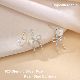 FASHGOOD 925 Sterling Silver Pearl Earrings for Women: Trendy Silver Bow Pearl Stud Earring Twist Rope Bow Dangle Earrings Stud
