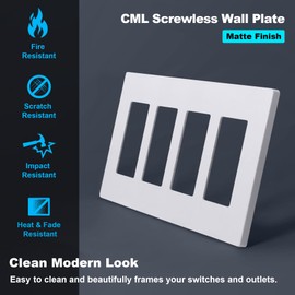 CML Matte White Decorator Screwless Wall Plate, 4-Gang Outlet Covers and Decor Light Switch Plates, Scratch and Impact Resistant, Polycarbonate, Standard Size 4.68” X 8.34”
