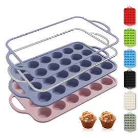 2 Packs 24 Cups Silicone Muffin Pan with Metal Reinforced Frame Mini Size Cupcake Pan Tray Egg Bites Silicone Circle Cookie Molds Muffin Tin Tart Pans Baking Sheet Set for Breakfast Sandwiches