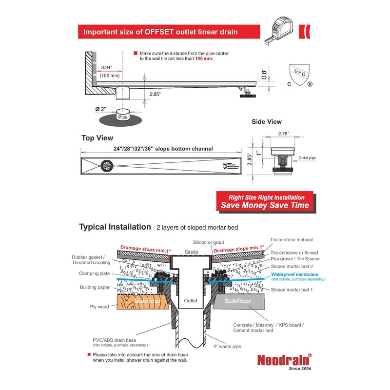 Neodrain 36-Inch Offset Side Outlet Linear Shower Drain with Quadrato