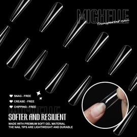 Michelle 500 puntas de uñas de gel de cobertura completa, uñas a presión, ultra transparentes con caja (ataúd largo)