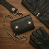 BLACK GENUINE LEATHER Trifold Biker's Wallet ID Card Holder w/Chain