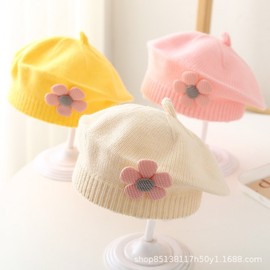 Baby Girl's Cute Floral Knitted Beret Hat for Autumn/Winter Small Pink Flower Beret - Light Blue + 3-48 Months 15ea
